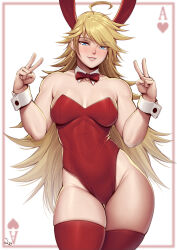 Rule 34 | 1girl, absurdres, ahoge, animal ears, bare shoulders, blonde hair, blue eyes, blush, breasts, collarbone, contrapposto, covered navel, cowboy shot, double v, highleg, highleg leotard, highres, leotard, long hair, looking at viewer, medium breasts, messy hair, panty &amp; stocking with garterbelt, panty (psg), playboy bunny, playing card theme, rabbit ears, red leotard, red thighhighs, solo, speedl00ver, thighhighs, v, very long hair