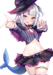Rule 34 | 1girl, :d, black capelet, black hat, black shirt, black skirt, blue eyes, blue hair, blue nails, bow, bowtie, capelet, commentary, cosplay, cowboy shot, crop top, english commentary, fins, fish tail, flat chest, foreshortening, gawr gura, hair ornament, hat, highres, hololive, hololive english, long hair, long sleeves, looking at viewer, midriff, miniskirt, multicolored hair, murasaki shion, murasaki shion (1st costume), murasaki shion (cosplay), nail polish, navel, one side up, open mouth, outstretched arm, pink bow, pinstripe pattern, pinstripe shirt, pleated skirt, shark hair ornament, shark tail, sharp teeth, shirt, sidelocks, simple background, skirt, smile, solo, standing, stomach, streaked hair, striped clothes, striped shirt, tail, teeth, thigh strap, thighhighs, tilted headwear, upper teeth only, virtual youtuber, white background, white hair, witch hat, yuano, zettai ryouiki