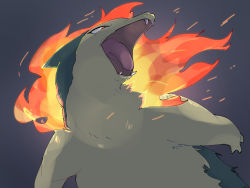 Rule 34 | commentary request, creatures (company), fangs, fire, game freak, gen 2 pokemon, glowing, grey background, highres, looking to the side, nintendo, no humans, open mouth, pokemon, pokemon (creature), qua, red eyes, solo, tongue, typhlosion