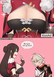 beidou_(genshin_impact) breasts clothes comic highres kaedehara_kazuha kurodahlia18 large_breasts looking_at_another low_neckline