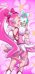 Rule 34 | 10s, 1girl, ;d, boots, bow, choker, chypre (heartcatch precure!), creature, cure blossom, floral background, hair bow, hanasaki tsubomi, heartcatch precure!, highres, long hair, looking back, magical girl, one eye closed, open mouth, pink background, pink bow, pink eyes, pink hair, pink theme, ponytail, precure, say (sakabin), skirt, smile, wink