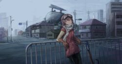 Rule 34 | 1girl, absurdres, black pants, brown gloves, building, city, closed mouth, commentary, cowboy shot, day, expressionless, fence, flcl, fog, gloves, goggles, goggles on head, guitar, hair between eyes, haruhara haruko, highres, house, instrument, katamimi123, lamppost, layered sleeves, long bangs, long sleeves, looking afar, looking to the side, outdoors, overcast, pants, pink hair, power lines, railing, road, road sign, scarf, scenery, short hair, short over long sleeves, short sleeves, sign, sky, solo, white scarf, yellow eyes
