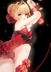 Rule 34 | 1girl, ahoge, armpits, bare legs, black background, black bow, blonde hair, bow, braid, breasts, chinese commentary, cleavage, dress, fate/extra, fate (series), flower, green eyes, hair bow, hair bun, hair intakes, medium breasts, modern costume of crimson, mouth hold, nero claudius (fate), nero claudius (fate) (all), nero claudius (fate/extra), official alternate costume, petals, red bow, red dress, red flower, red ribbon, red rose, ribbon, rose, short hair, simple background, single hair bun, solo, weizhi