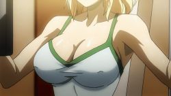 Rule 34 | 1girl, animated, animated gif, bare shoulders, blonde hair, bouncing breasts, breasts, cleavage, covered erect nipples, female focus, freezing (series), head out of frame, large breasts, long hair, satellizer el bridget, solo, training