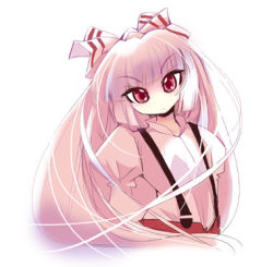 Rule 34 | 1girl, bow, female focus, fujiwara no mokou, hair bow, looking at viewer, lowres, pants, red eyes, silver hair, simple background, solo, suspenders, touhou, upper body, usoneko, white background, white bow