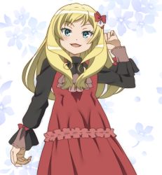 Rule 34 | 10s, 1girl, :3, :d, blonde hair, blue eyes, bow, dress, flower, from below, hair bow, imouto sae ireba ii, long hair, long sleeves, looking at viewer, onomekaman, oono ashley, open mouth, red dress, smile, solo