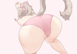 Rule 34 | 1girl, animal ears, ass, bow, brown hair, cat ears, cat girl, deathalice, final fantasy, final fantasy xiv, from behind, hair bow, highres, miqo&#039;te, panties, pink background, pink bow, pink panties, ponytail, short hair, simple background, solo, underwear