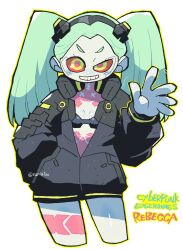 Rule 34 | 1girl, absurdres, black hairband, black jacket, character name, colored sclera, colored skin, contrapposto, copyright name, cyberpunk (series), cyberpunk edgerunners, green hair, grey skin, grin, hairband, hand in pocket, highres, jacket, looking at viewer, open clothes, open jacket, rariatto (ganguri), rebecca (cyberpunk), red sclera, simple background, smile, solo, tattoo, twintails, uneven eyes, waving, white background, yellow eyes