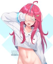 Rule 34 | 1girl, :d, ahoge, ardenlolo, arm up, blue eyes, collarbone, covering own eyes, crop top, crop top overhang, drawstring, elaine (kometa virtual live), hair ornament, hairclip, hood, hood down, hoodie, kometa virtual live, long hair, long sleeves, looking at viewer, midriff, mole, mole under eye, multicolored hair, navel, open mouth, pink hair, smile, solo, stomach, streaked hair, tongue, tongue out, upper body, virtual youtuber, white hoodie