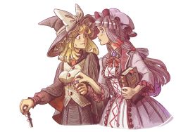 Rule 34 | 2girls, absurdres, blonde hair, book, bow, breasts, buttons, cane, dress, feet out of frame, fingernails, frilled dress, frills, gem, hat, hat ribbon, highres, holding, holding book, kirisame marisa, long hair, long sleeves, medium breasts, medium hair, mob cap, multiple girls, nail polish, open mouth, patchouli knowledge, purple dress, purple eyes, purple hair, purple nails, red nails, ribbon, skirt, small breasts, touhou, transparent background, u-joe, witch hat, yellow eyes