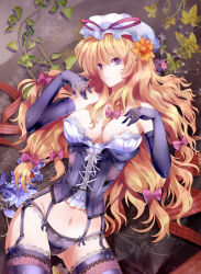 Rule 34 | 1girl, bad id, bad pixiv id, blonde hair, bow, bow panties, breasts, cleavage, corset, elbow gloves, female focus, flower, garter straps, gloves, hair flower, hair ornament, hat, lace, lace-trimmed legwear, lace trim, large breasts, lingerie, long hair, looking at viewer, navel, panties, pico (picollector79), purple eyes, purple gloves, purple panties, purple thighhighs, solo, thighhighs, thighs, touhou, underwear, underwear only, yakumo yukari