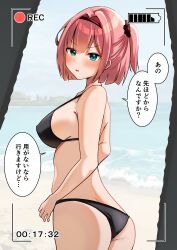 Rule 34 | 1girl, absurdres, ass, battery indicator, bikini, black bikini, black hairband, blue eyes, commentary request, cosplay, from behind, hair intakes, hairband, highres, mochizuki momiji, new game!, one side up, pink hair, recording, short hair, solo, swimsuit, timestamp, translation request, viewfinder, yyamashii