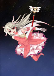 Rule 34 | 1girl, boots, card, elbow gloves, fate/kaleid liner prisma illya, fate (series), feather hair ornament, feathers, gloves, godyuurei, feather hair ornament, highres, illyasviel von einzbern, kaleidostick, long hair, magical girl, magical ruby, pink footwear, prisma illya, red eyes, solo, space, thighhighs, wand, white hair