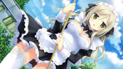Rule 34 | 1girl, :o, bamboo broom, breasts, broom, cabbage soft, cleavage, cloud, cloudy sky, day, dutch angle, female focus, game cg, garter straps, gluteal fold, green eyes, highres, holding, holding broom, hoshikoi tinkle, kagami sakura, korie riko, lace, lace-trimmed legwear, lace trim, long hair, long sleeves, maid, maid headdress, medium breasts, official art, outdoors, shiny skin, skirt, sky, solo, thighhighs, tree, white thighhighs
