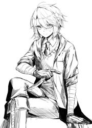 Rule 34 | 1girl, ahoge, bandaged arm, bandages, boots, burn scar, check commentary, coat, collared shirt, commentary request, crossdressing, disguise, gloves, greyscale, holding, holding knife, holding weapon, knife, looking at viewer, lydia macarthur, medium hair, monochrome, necktie, original, partial commentary, reverse grip, reverse trap, scar, scar on face, serious, shirt, simple background, sitting, sleeves rolled up, solo, sweater, swept bangs, waka (shark waka), weapon, white background