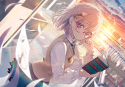 Rule 34 | 1girl, a20 (atsumaru), blue eyes, book, breasts, character request, cloud, cloudy sky, commentary request, copyright request, cowboy shot, floating, glasses, hair ornament, hairclip, highres, holding, holding book, lens flare, light brown hair, light particles, long sleeves, looking at viewer, medium hair, necktie, official art, open book, outdoors, paper, parted lips, pleated skirt, red-framed eyewear, rooftop, school uniform, skirt, sky, small breasts, solo, sunset, sweater vest, wind