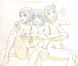 Rule 34 | 3girls, ass, braid, breasts, collarbone, completely nude, covering privates, covering breasts, crossed legs, fellatio gesture, genjitsu no yohane, groin, hair bun, highres, huge breasts, kotokoto (jumon), large breasts, looking at viewer, love live!, love live! sunshine!!, multiple girls, navel, nude, ohara mari, open mouth, sakurauchi riko, sidelocks, sitting, stomach, thick thighs, thighs, tongue, traditional media, tsushima yoshiko, wide hips