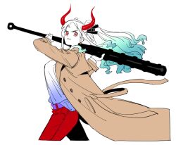 Rule 34 | 1girl, belt, blue hair, brown coat, club, club (weapon), coat, commentary, cowboy shot, earrings, floating hair, green hair, hair ornament, high ponytail, holding, holding weapon, horns, jewelry, kanabou, looking at viewer, multicolored hair, one piece, pants, ponytail, profile, purple belt, raine (acke2445), red horns, red pants, shirt, simple background, smile, solo, symbol-only commentary, weapon, white background, white hair, yamato (one piece)
