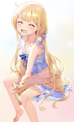 Rule 34 | 1girl, ^ ^, ^o^, bare legs, barefoot, blonde hair, blush, bow, bowtie, cardigan, closed eyes, clothes down, commentary, dress, closed eyes, feet, futaba anzu, hair bow, highres, idolmaster, idolmaster cinderella girls, idolmaster cinderella girls starlight stage, long hair, low twintails, modare, ribbon, sitting, sleeves past wrists, smile, solo, twintails