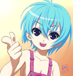 Rule 34 | 1girl, armpits, blue hair, collarbone, foreshortening, mcq, naked overalls, no bra, open mouth, original, overalls, pointing, purple eyes, short hair, solo