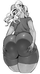 Rule 34 | 1girl, ass, ass grab, bike shorts, commentary request, cropped legs, dark elf, dark skin, dark-skinned female, deep skin, elf, elf-san wa yaserarenai., from behind, grabbing own ass, greyscale, highres, huge ass, kuroeda (elf-san wa yaserarenai.), looking at viewer, looking back, mole, mole under eye, monochrome, parted lips, pointy ears, simple background, solo, sweat, synecdoche, thick thighs, thighs, twintails, white background