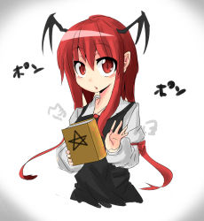 Rule 34 | :o, armband, bat wings, black dress, blush, book, chestnut mouth, collared shirt, commentary request, dress, eyes visible through hair, hair between eyes, head wings, highres, holding, holding book, koakuma, long hair, long sleeves, looking at viewer, pentagram, red eyes, red hair, shirt, sidelocks, simple background, slit pupils, solo, touhou, translation request, upper body, usagi (touhopu2), vignetting, white background, white shirt, wings