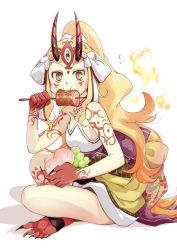 Rule 34 | 1girl, bare arms, bare shoulders, black nails, blonde hair, blush, boned meat, commentary request, eating, fate/grand order, fate (series), fingernails, food, from side, full body, hair ornament, horns, ibaraki douji (fate), indian style, japanese clothes, kawai makoto, long hair, looking at viewer, meat, nail polish, obi, oni, oni horns, ponytail, sash, sharp fingernails, sharp teeth, sitting, slit pupils, solo, tattoo, teeth, third eye, white background, yellow eyes
