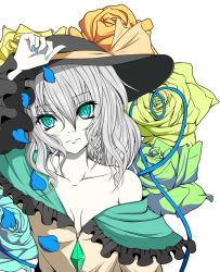 Rule 34 | 1girl, aqua eyes, bare shoulders, blouse, blue flower, blue rose, breasts, cleavage, collarbone, fingernails, flower, frown, fuoco, green flower, green rose, hand on headwear, hat, hat ribbon, head tilt, heart, heart of string, komeiji koishi, looking at viewer, nail polish, off shoulder, orange flower, orange rose, pale skin, petals, ribbon, rose, shirt, short hair, silver hair, simple background, small breasts, solo, touhou, white background, yellow flower, yellow rose