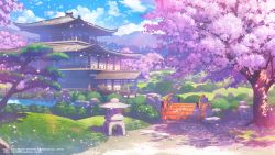 Rule 34 | architecture, artist request, bridge, bush, cherry blossoms, cloud, copyright notice, day, east asian architecture, forest, highres, house, mahjong soul, nature, no humans, official art, official wallpaper, outdoors, path, petals, river, road, rock, shouji, sliding doors, stone lantern, tree, yostar