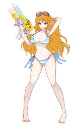 Rule 34 | 1girl, absurdres, bikini, breasts, commentary request, crazy otama, eyelashes, happy, highres, large breasts, long hair, looking at viewer, nami (one piece), navel, one piece, orange eyes, orange hair, simple background, smile, solo, standing, striped bikini, striped clothes, sunglasses, swimsuit, tattoo, water gun, wavy hair, white background