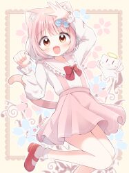 Rule 34 | 1girl, absurdres, animal ear fluff, animal ears, blue bow, bow, brown eyes, cat, cat ears, cat tail, frilled shirt collar, frills, full body, halo, haruiroha, highres, leg lift, long sleeves, looking at viewer, open mouth, original, paw pose, petals, pink hair, puffy long sleeves, puffy sleeves, red bow, red footwear, shirt, short hair, simple background, skirt, suspender skirt, suspenders, tail, waving, white shirt
