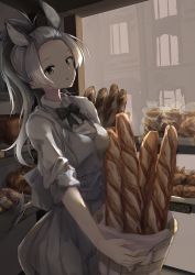 Rule 34 | 1girl, animal ears, apron, baguette, bakery, black bow, black bowtie, bow, bowtie, bread, collared shirt, commentary request, donkey (kemono friends), donkey ears, donkey girl, donkey tail, extra ears, food, forehead, grey apron, grey hair, highres, kemono friends, kemono friends 3, koshou (g ro dorannna), multicolored hair, ponytail, shirt, shop, short hair, sleeves rolled up, solo, white shirt