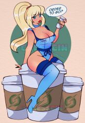 Rule 34 | 1girl, barista, blonde hair, blue eyes, blue footwear, blue leotard, boots, brand name imitation, breasts, choker, cleavage, coffee, coffee cup, collarbone, cresscin, cup, disposable cup, high heels, highres, holding, large breasts, leotard, long hair, looking at viewer, metroid, name tag, nintendo, ponytail, red eyes, samus aran, sitting, smile, starbucks, thigh boots, zero suit