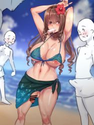 Rule 34 | 1futa, armpits, arms up, beach, blush, breasts, brown hair, bulge, censored, covered erect nipples, erection, erection under clothes, flower, flower on head, food, futanari, hair ornament, highres, huge breasts, long hair, mother13fucker, multiple boys, newhalf, nipples, one breast out, original, outdoors, penis, popsicle, public indecency, purple eyes, solo focus, testicles