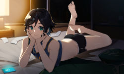 Rule 34 | 1boy, alternate costume, bare arms, bare shoulders, barefoot, bedroom, black shorts, blue hair, braid, capelet, casual, cellphone, dolphin shorts, feet, feet up, full body, genshin impact, green capelet, green eyes, green headwear, hands on own face, highres, indoors, lamp, looking at viewer, muri (butter210330), phone, shirt, short shorts, shorts, sleeveless, sleeveless shirt, smartphone, smile, socks, soles, toes, trap, twin braids, venti (genshin impact)