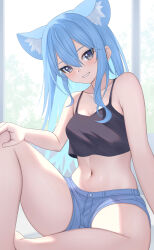 Rule 34 | 1girl, absurdres, alternate costume, animal ear fluff, animal ears, aoi zerii, black camisole, blue eyes, blue hair, blue shorts, breasts, camisole, cat ears, cat girl, cleavage, collarbone, commentary, crop top, crop top overhang, crossed ankles, day, denim, denim shorts, double-parted bangs, extra ears, grin, hair between eyes, hand on own knee, highres, hololive, hoshimachi suisei, indoors, knee up, long hair, looking at viewer, medium breasts, midriff, navel, short shorts, shorts, sidelocks, sitting, smile, solo, star (symbol), star in eye, symbol in eye, thighs, virtual youtuber