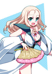 Rule 34 | 1girl, blonde hair, blue eyes, breasts, choujuu kishin dancouga, cleavage, cosplay, dancouga (series), detached sleeves, dress, forehead, girls und panzer, hand fan, hara yumi, holding, holding fan, looking at viewer, marie (girls und panzer), medium breasts, nail polish, pink nails, robot girls z, shapi (robot girls z), shapi (robot girls z) (cosplay), shapiro, smile, solo, voice actor connection, white dress