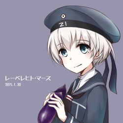 Rule 34 | 10s, 1girl, blonde hair, blue dress, blue eyes, character name, clothes writing, colis (regunm772), dated, dress, eggplant, hat, kantai collection, long sleeves, neckerchief, sailor collar, sailor dress, sailor hat, short hair, simple background, smile, solo, upper body, z1 leberecht maass (kancolle)