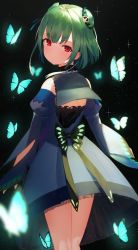 Rule 34 | 1girl, animal, black background, blue dress, blue sleeves, bug, butterfly, clip studio paint (medium), closed mouth, commentary request, detached sleeves, double bun, dress, green hair, hair bun, hair ornament, highres, hololive, idemitsu, insect, juliet sleeves, long sleeves, looking at viewer, looking back, puffy sleeves, red eyes, sidelocks, skull hair ornament, sleeveless, sleeveless dress, solo, standing, uruha rushia, uruha rushia (1st costume), virtual youtuber