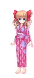 Rule 34 | 1girl, barefoot, blue eyes, bow, brown hair, closed mouth, girlfriend (kari), hair ornament, japanese clothes, kimono, long hair, qp:flapper, red bow, smile, standing, tagme, transparent background, yuuki nae