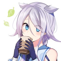 Rule 34 | 1girl, black gloves, blouse, blue eyes, collared shirt, commentary request, cup, drinking, gloves, hair flaps, hair over one eye, kantai collection, katsuobushi (eba games), long hair, looking at viewer, mole, mole under eye, parted bangs, sailor collar, shirt, sleeveless, sleeveless shirt, solo, umikaze (kancolle), umikaze kai ni (kancolle), upper body, very long hair, white hair, white sailor collar, yunomi