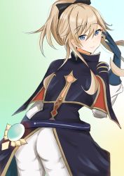 Rule 34 | 1girl, absurdres, artist request, ass, blonde hair, blue eyes, bow, from behind, genshin impact, gloves, hair bow, highres, jean (genshin impact), long hair, looking at viewer, looking back, pants, ponytail, smile, solo, tailcoat, vision (genshin impact)