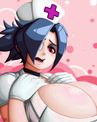 Rule 34 | + +, 1girl, absurdres, blue hair, blush, breasts, choker, cleavage, collarbone, eyepatch, eyeshadow, hands on own chest, hat, highres, huge breasts, looking at viewer, makeup, nurse cap, open mouth, pink background, pink lips, ponytail, red eyes, sansenyama, scar, scar on face, skullgirls, solo, symbol-shaped pupils, upper body, valentine (skullgirls)