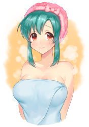 Rule 34 | 1girl, aqua hair, arms behind back, artist name, bare arms, bare shoulders, blush, breasts, collarbone, female focus, large breasts, looking at viewer, naked towel, nanaki awa, neck, original, red eyes, short hair, sidelocks, solo, towel, towel on head, upper body, wet, wet hair