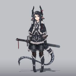 Rule 34 | 1girl, absurdres, animal ears, black gloves, blue coat, blue eyes, blue footwear, blue hair, boots, capelet, coat, commentary request, deel (rkeg), dragon ears, dragon girl, dragon horns, dragon tail, gloves, grey background, highres, horn ornament, horns, knee boots, long hair, matching hair/eyes, original, prototype design, shadow, shorts, simple background, solo, sword, tail, weapon, winter clothes