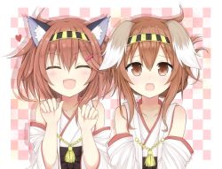Rule 34 | 2girls, :d, ^ ^, absurdres, ahoge, alternate costume, animal ears, brown eyes, brown hair, cat ears, closed eyes, cosplay, detached sleeves, dog ears, closed eyes, folded ponytail, hair ornament, hairband, hairclip, highres, ikazuchi (kancolle), inazuma (kancolle), kantai collection, kemonomimi mode, kongou (kancolle) (cosplay), kongou (kancolle), looking at viewer, multiple girls, nontraditional miko, open mouth, short hair, smile, yamiarisu