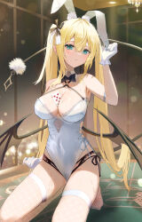 Rule 34 | 1girl, animal ears, arm strap, armpits, bare shoulders, between breasts, black panties, blonde hair, blue eyes, blurry, bow, bowtie, breasts, card, chandelier, cleavage, closed mouth, clothing cutout, covered navel, demon tail, depth of field, detached collar, fake animal ears, feet, fishnet thighhighs, fishnets, frown, gloves, hair ribbon, hand up, highleg, highleg leotard, highres, kneeling, lace, lace-trimmed panties, lace trim, legs, leotard, long hair, looking at viewer, medium breasts, multi-strapped panties, no shoes, object on breast, omelet tomato, on table, original, panties, playboy bunny, playing card, poker chip, rabbit ears, revision, ribbon, side-tie leotard, side-tie panties, side-tie peek, side cutout, solo, strapless, strapless leotard, string panties, sweat, table, tail, tail raised, thighhighs, thighs, toes, twintails, underwear, very long hair, wavy mouth, white gloves, white leotard