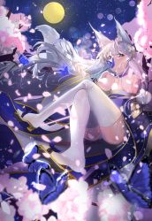Rule 34 | 1girl, absurdres, animal ear fluff, animal ears, azur lane, blue butterfly, blue collar, blue kimono, breasts, bug, butterfly, cherry blossoms, cherrymaru, cleavage, collar, fox ears, fox girl, full body, full moon, highres, insect, japanese clothes, kimono, kitsune, kyuubi, large breasts, large tail, moon, multiple tails, off shoulder, panties, pantyshot, petals, shinano (azur lane), solo, tail, thighhighs, underwear, white hair, white thighhighs, wide sleeves