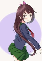 Rule 34 | 1girl, back, blush, brown eyes, brown hair, commentary request, dated, green skirt, hair ribbon, jacket, kangoku kou, kantai collection, kisaragi (kancolle), kisaragi kai ni (kancolle), long hair, long sleeves, looking to the side, neckerchief, one-hour drawing challenge, red neckerchief, ribbon, sailor collar, school uniform, serafuku, simple background, skirt, smile, solo, twitter username