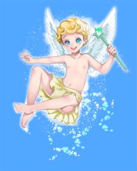 Rule 34 | 1boy, :d, androgynous, angel cookie, angel wings, blonde hair, blue eyes, commentary, cookie run, english commentary, feathered wings, full body, happy, holding, holding wand, leecheie, male focus, open mouth, short hair, simple background, smile, solo, teeth, trap, upper teeth only, wand, white background, white wings, wings